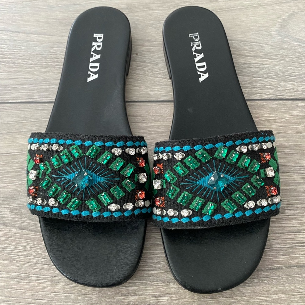 Authentic Prada Black and Green Embellished Sandals